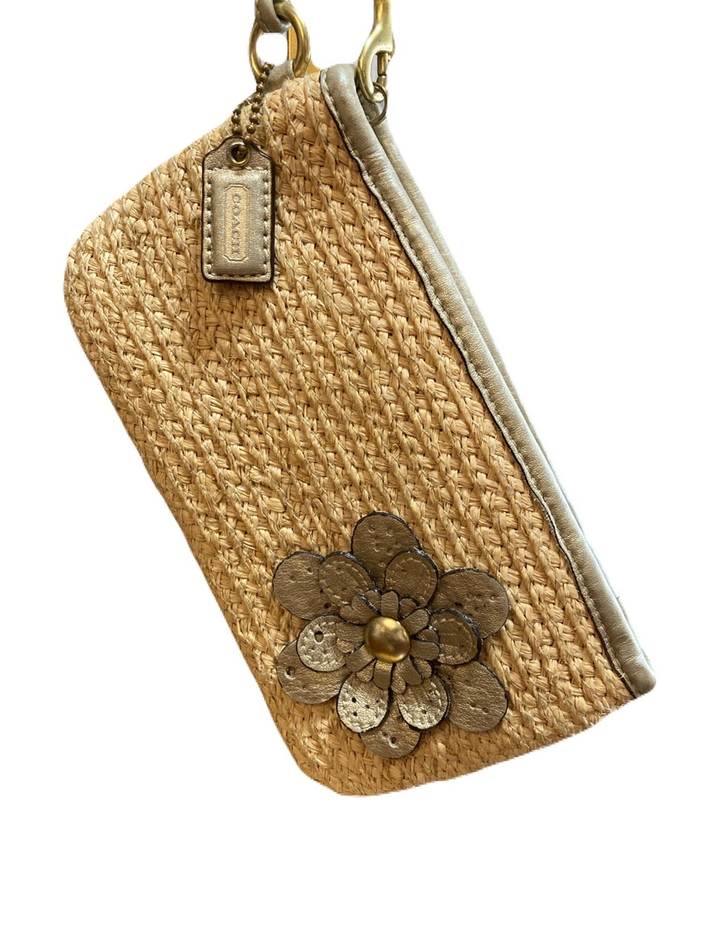 Coach Vintage Bleecker Woven Straw Floral Appliqué Wristlet EUC